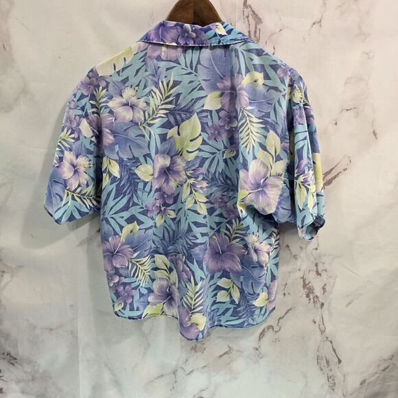 Vintage Shirt Womens Medium 90s Blue Purple Floral Button Up Short Sleeve Camp - Picture 5 of 9